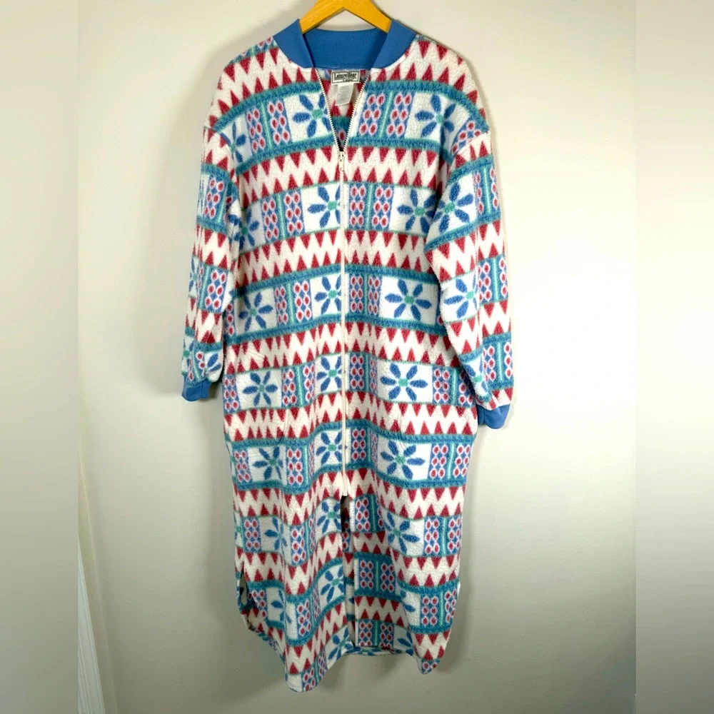 Leisure Wear Vintage VTG‎ Fleece Granny Cottage Core Zip Up House Dress Medium